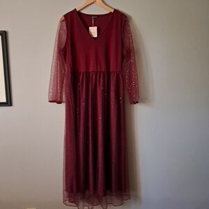 NWT Bloomchic Elegant Burgundy Maxi Dress with Sheer Sleeves